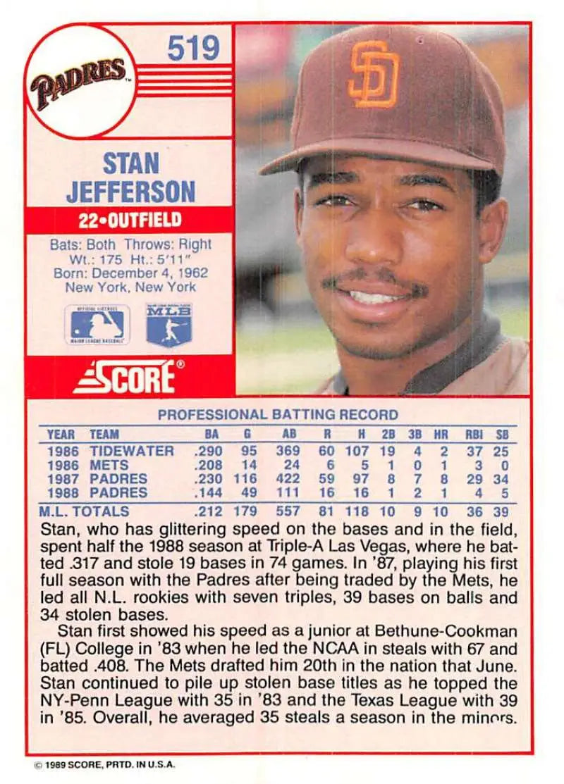 1989 Score #519 Stan Jefferson NM-MT San Diego Padres Baseball Card - Baseball Card Single