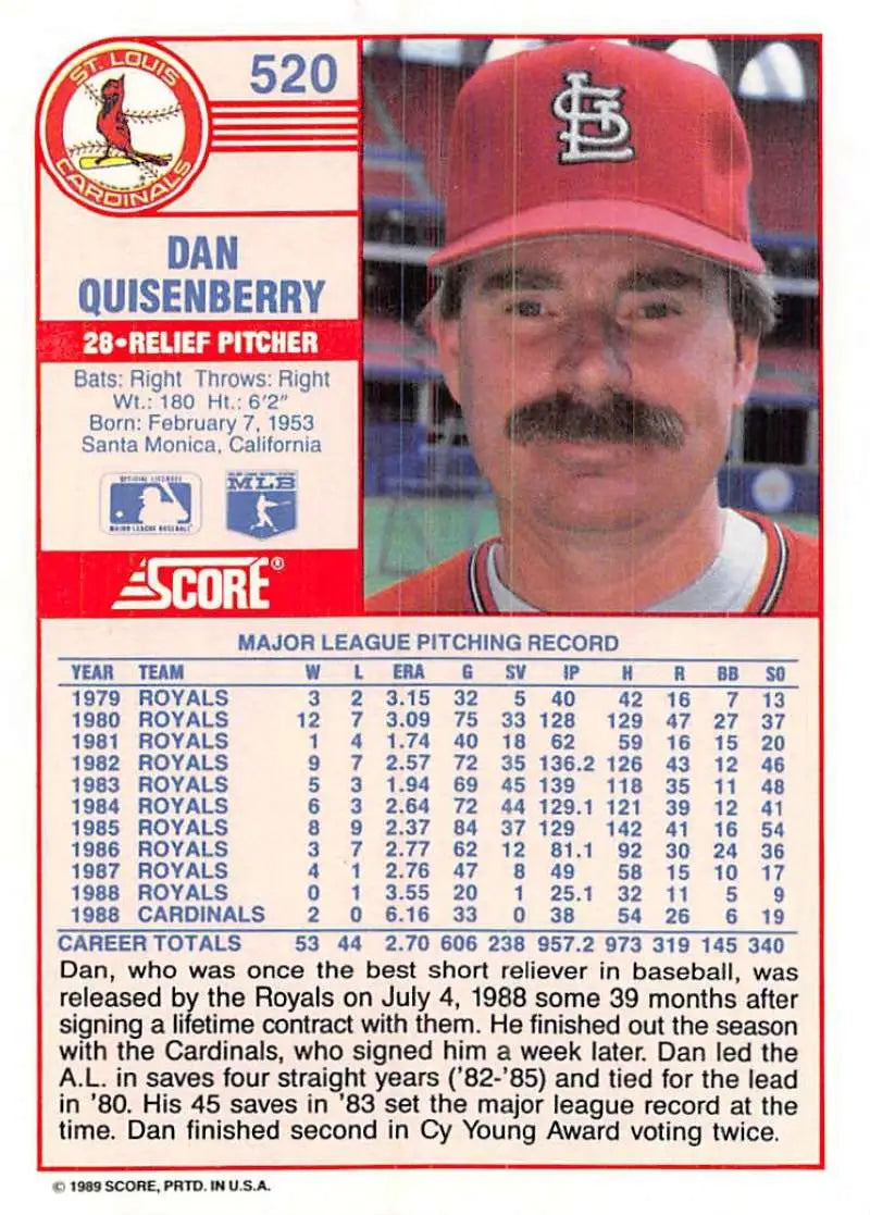 1989 Score #520 Dan Quisenberry NM-MT St. Louis Cardinals Baseball Card - Baseball Card Single
