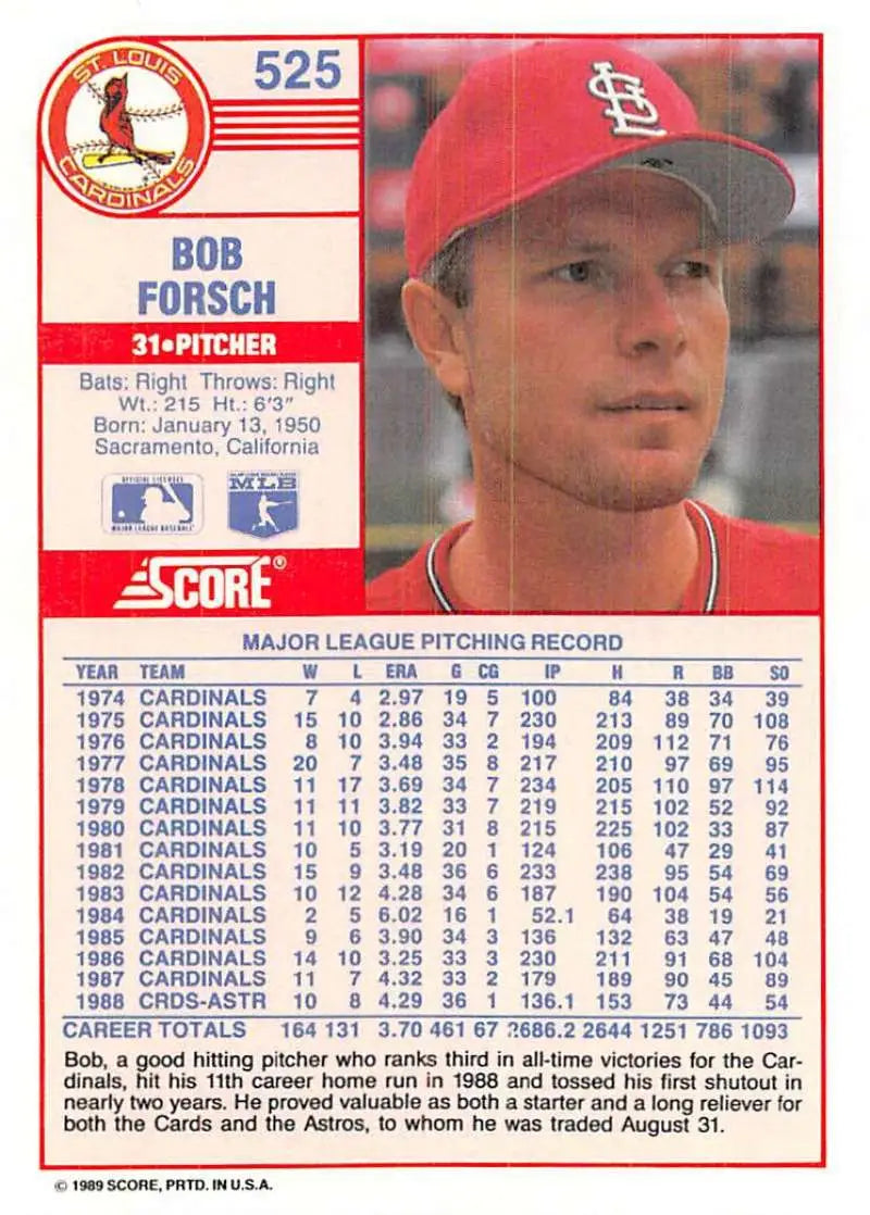 1989 Score #525 Bob Forsch NM-MT St. Louis Cardinals Baseball Card - Baseball Card Single