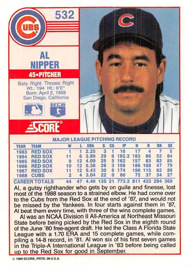 1989 Score #532 Al Nipper NM-MT Chicago Cubs Baseball Card - Baseball Card Single