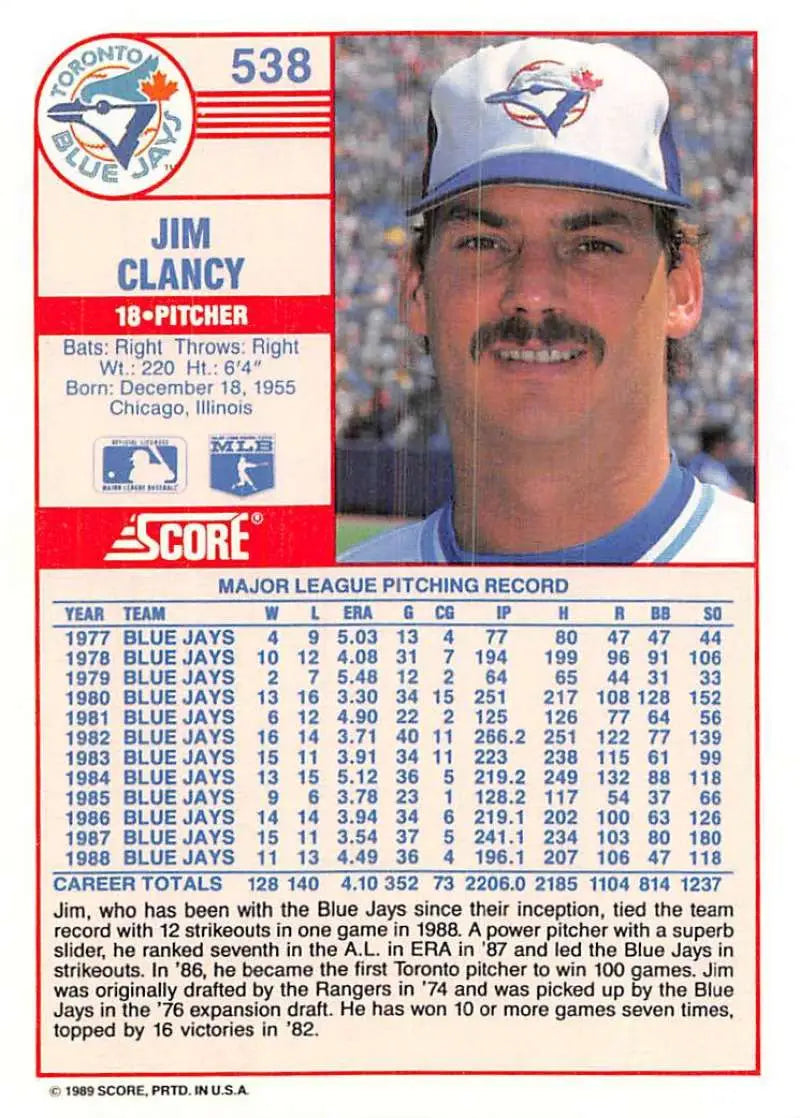 1989 Score #538 Jim Clancy NM-MT Toronto Blue Jays Baseball Card - Baseball Card Single