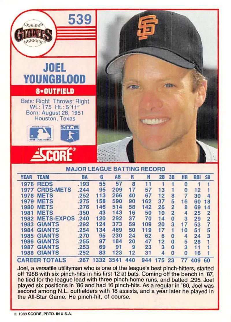 1989 Score #539 Joel Youngblood NM-MT San Francisco Giants Baseball Card - Baseball Card Single