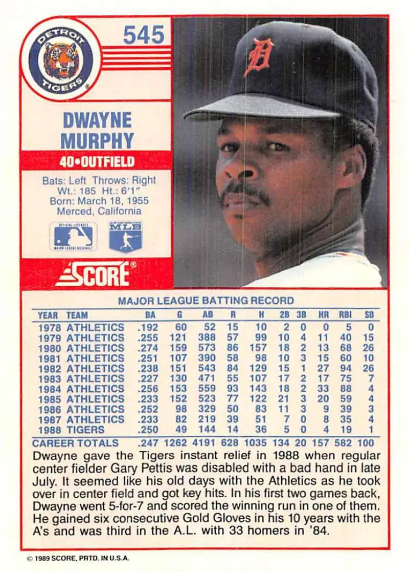 1989 Score #545 Dwayne Murphy NM-MT Detroit Tigers Baseball Card - Baseball Card Single