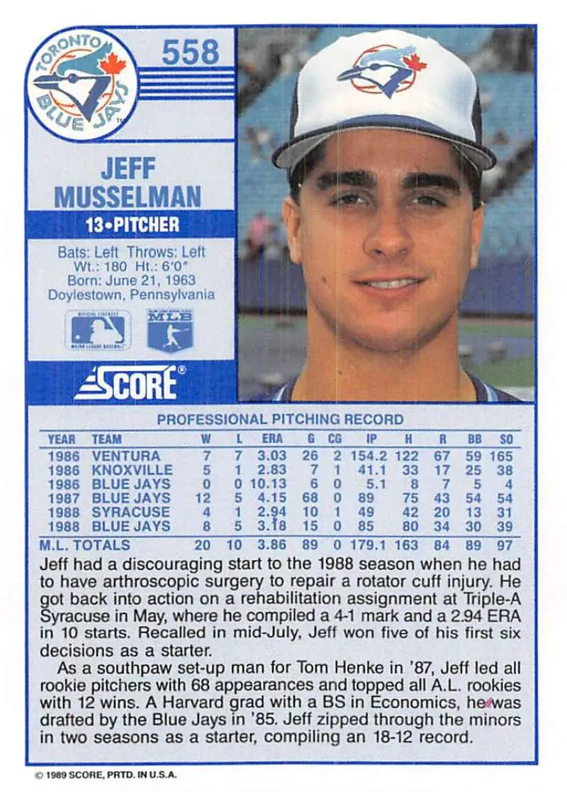 1989 Score #558 Jeff Musselman NM-MT Toronto Blue Jays Baseball Card - Baseball Card Single