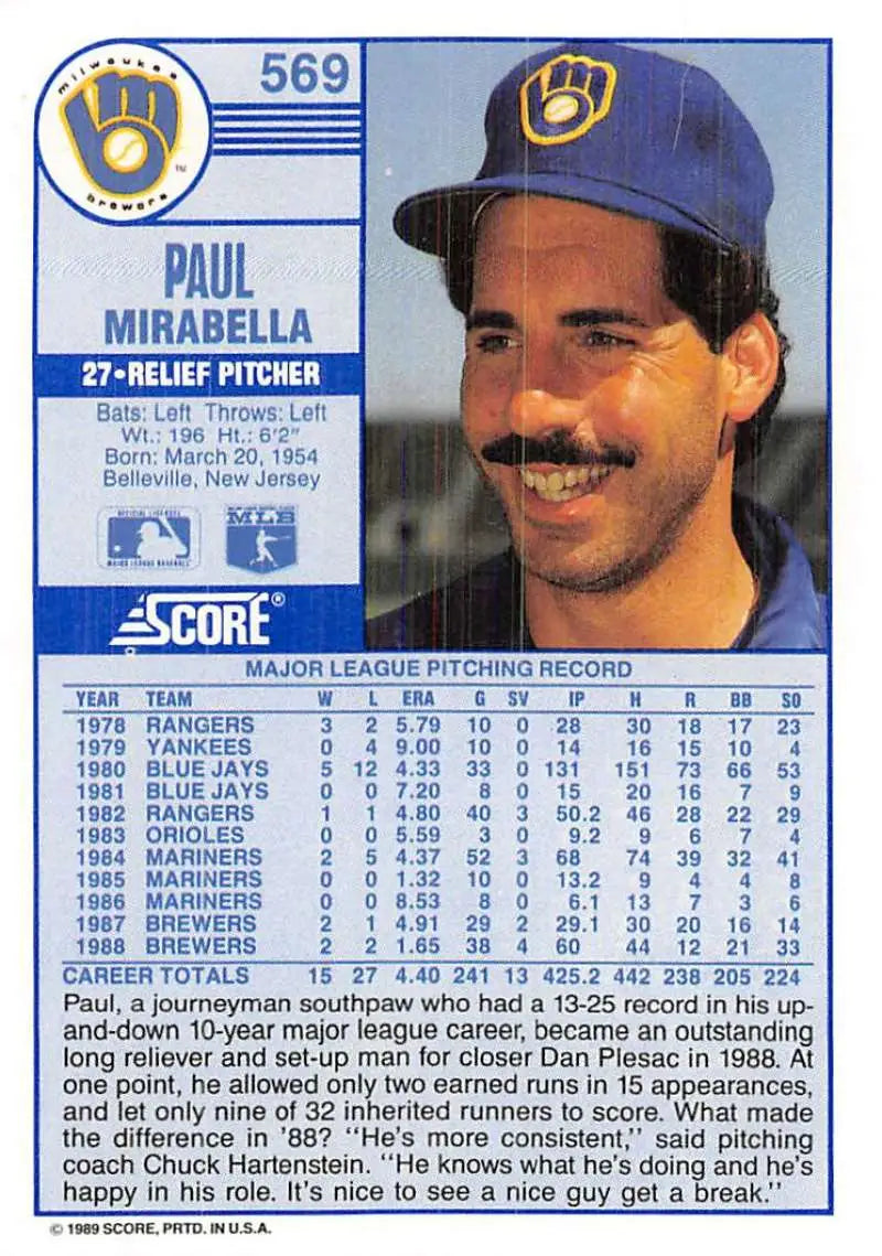 1989 Score #569 Paul Mirabella NM-MT Milwaukee Brewers Baseball Card - Baseball Card Single