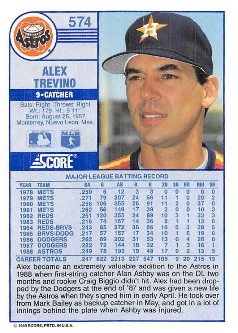 1989 Score #574 Alex Trevino NM-MT Houston Astros Baseball Card - Baseball Card Single