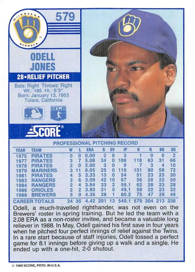 1989 Score #579 Odell Jones NM-MT Milwaukee Brewers Baseball Card - Baseball Card Single