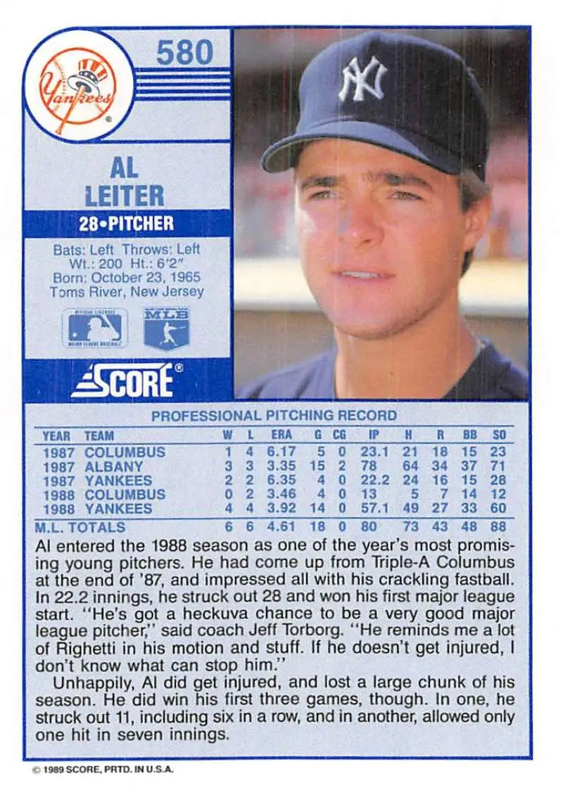 1989 Score #580 Al Leiter NM-MT New York Yankees Baseball Card - Baseball Card Single