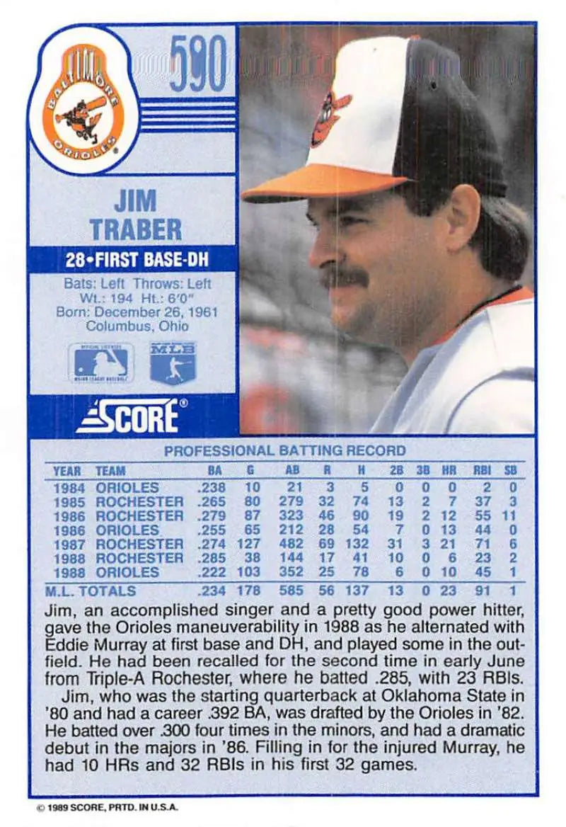 1989 Score #590 Jim Traber NM-MT Baltimore Orioles Baseball Card - Baseball Card Single