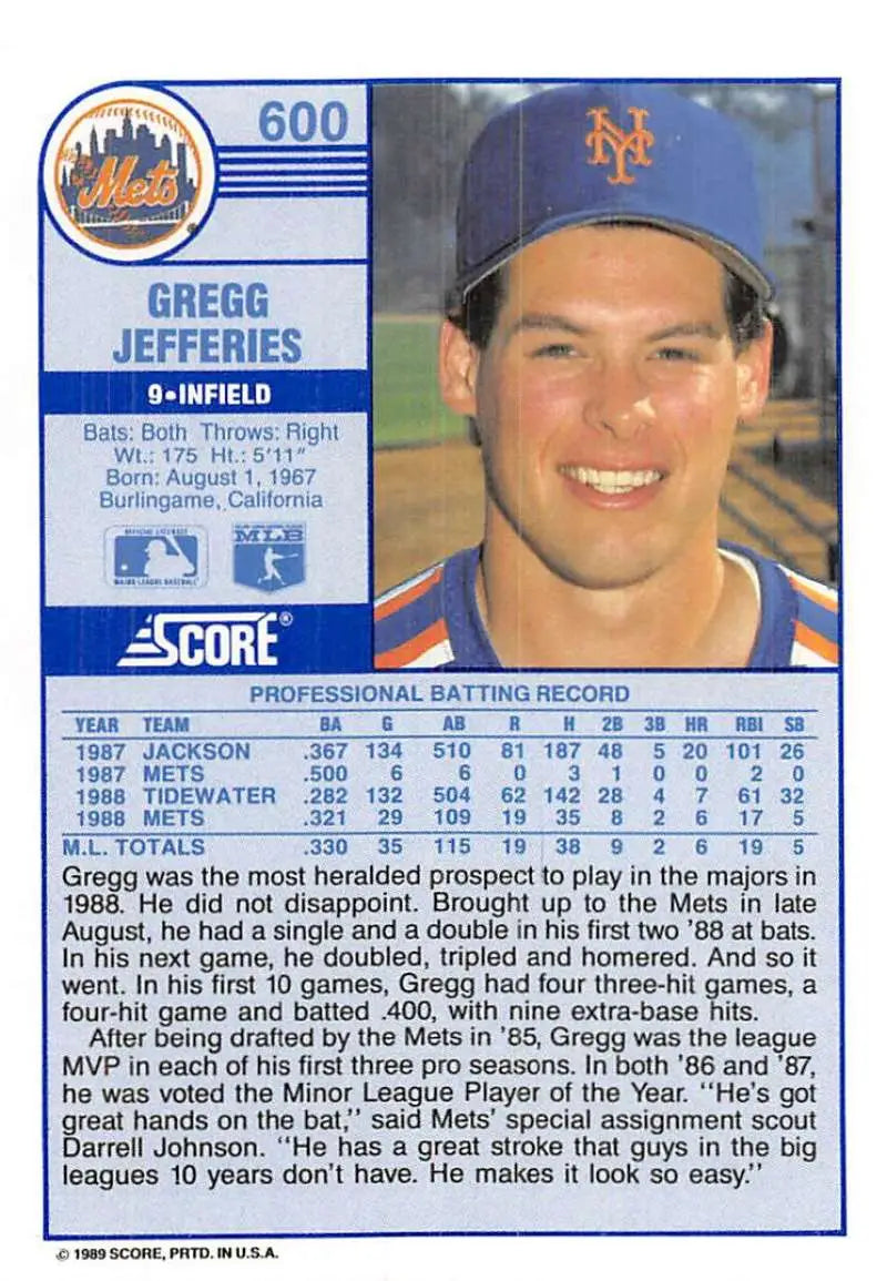 1989 Score #600 Gregg Jefferies NM-MT New York Mets Baseball Card - Baseball Card Single