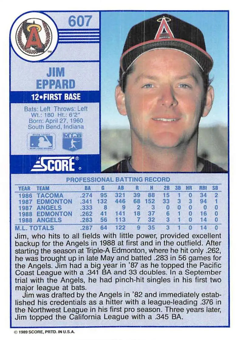1989 Score #607 Jim Eppard NM-MT Chicago White Sox Baseball Card - Baseball Card Single