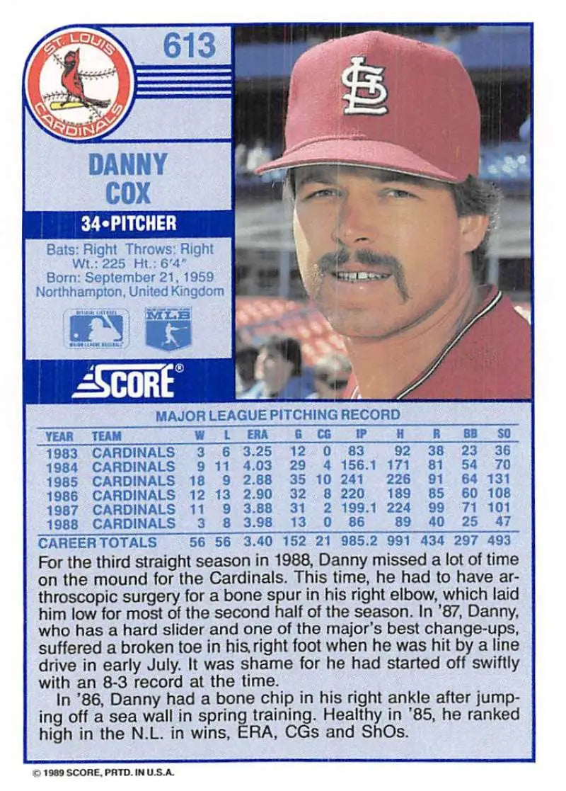 1989 Score #613 Danny Cox NM-MT St. Louis Cardinals Baseball Card - Baseball Card Single
