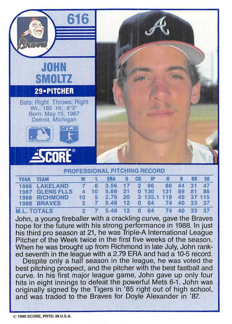 1989 Score #616 John Smoltz NM-MT Atlanta Braves Baseball Card - Baseball Card Single