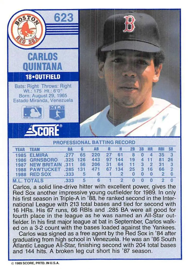 1989 Score #623 Carlos Quintana NM-MT Boston Red Sox Baseball Card - Baseball Card Single