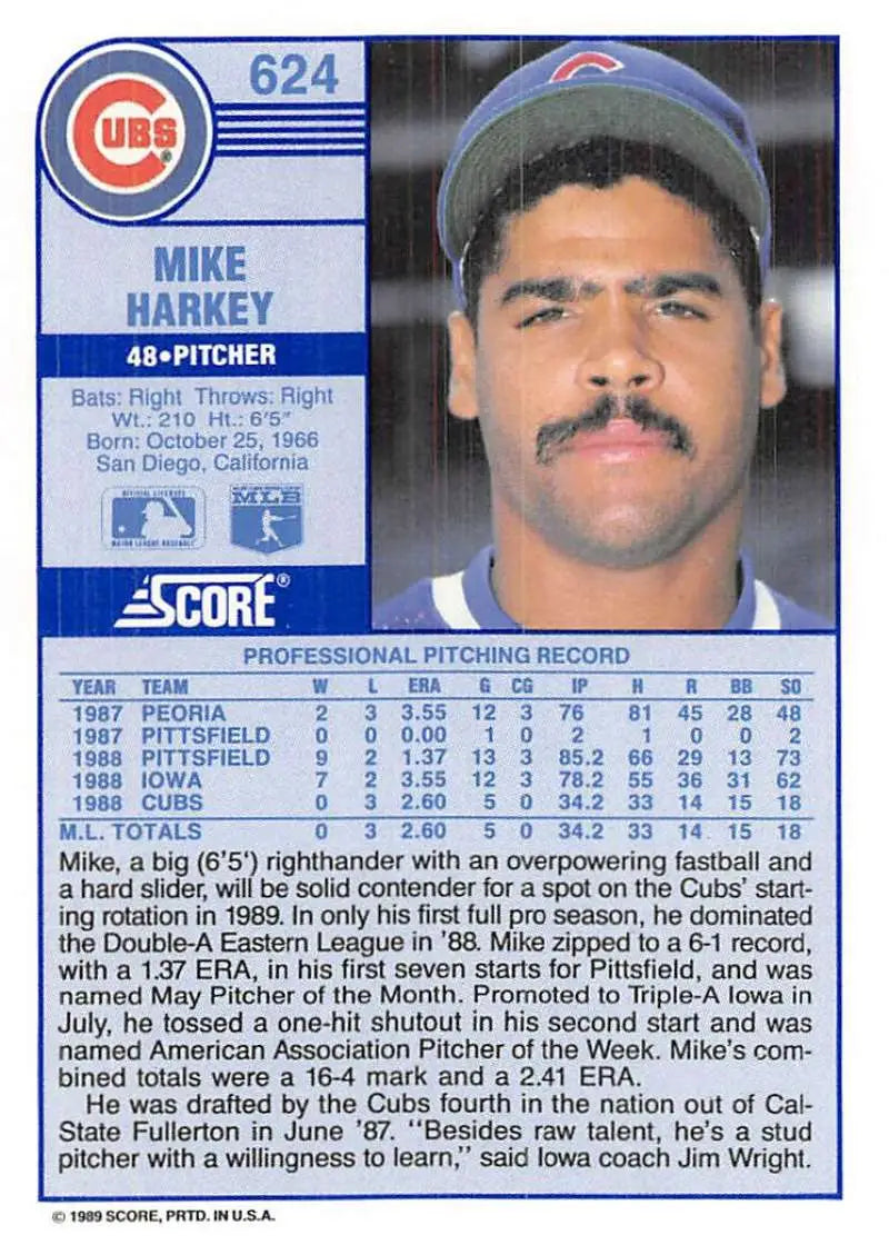 1989 Score #624 Mike Harkey NM-MT Chicago Cubs Baseball Card - Baseball Card Single