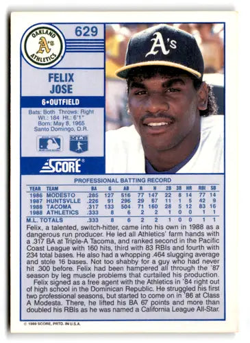 1989 Score #629 Felix Jose EX/NM RC Rookie Athletics ID:66822