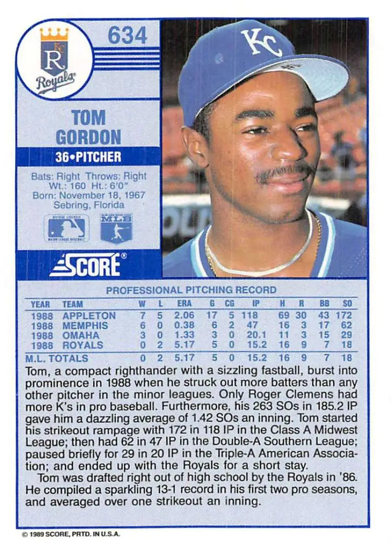 1989 Score #634 Tom Gordon NM-MT RC Rookie Kansas City Royals Baseball Card - Baseball Card Single