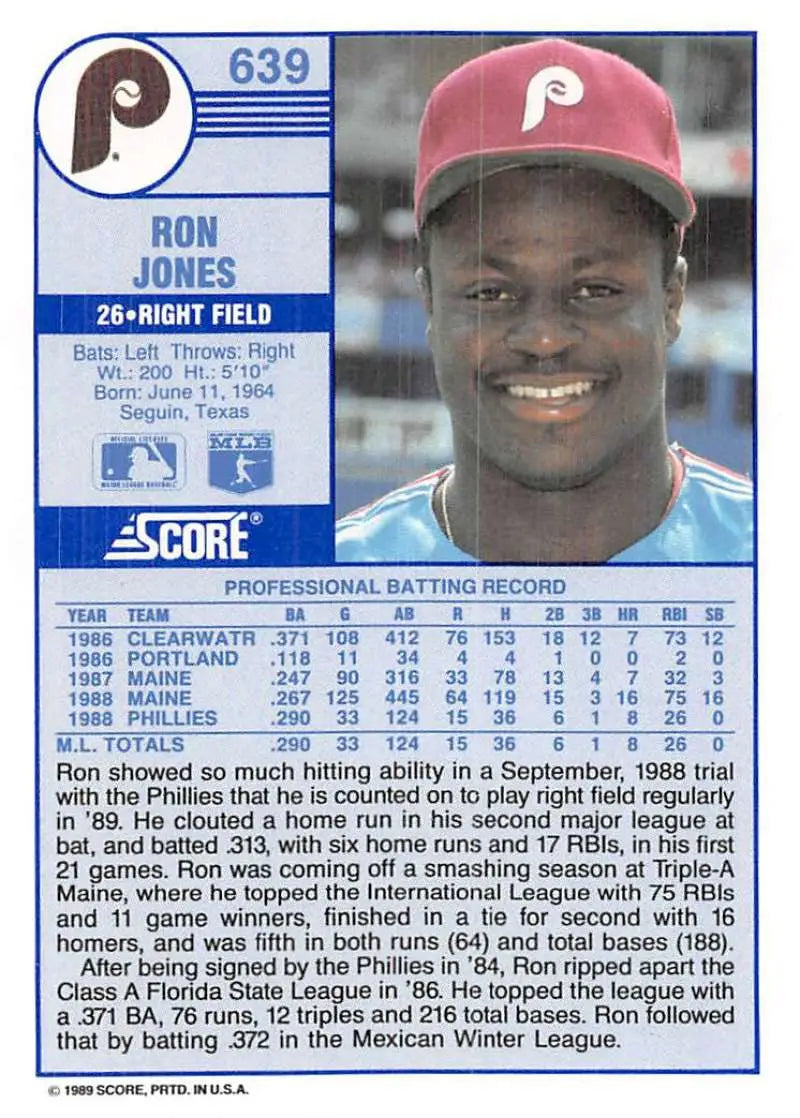 1989 Score #639 Ron Jones NM-MT RC Rookie Philadelphia Phillies Baseball Card - Baseball Card Single