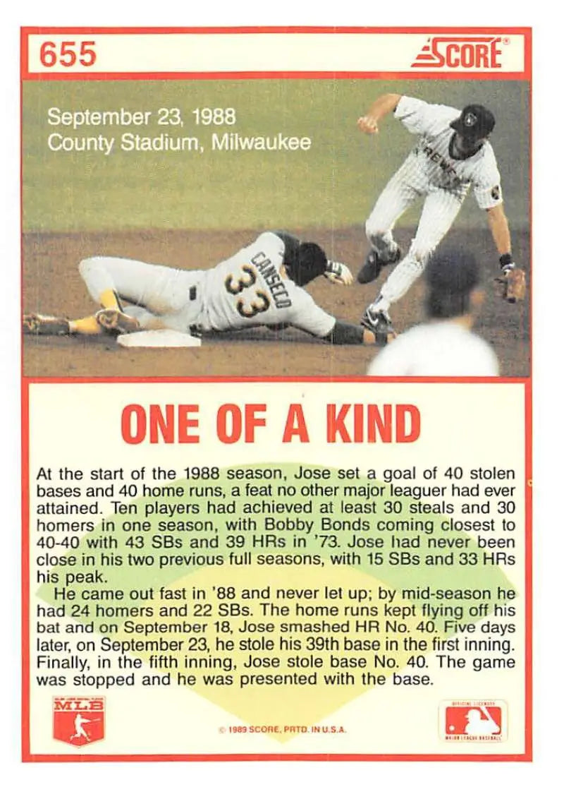1989 Score #655 Jose Canseco NM-MT Oakland Athletics Baseball Card - Baseball Card Single