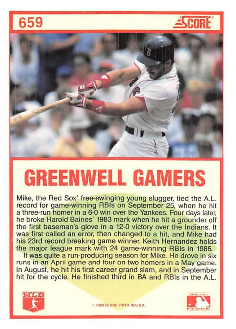 1989 Score #659 Mike Greenwell NM-MT Boston Red Sox Baseball Card - Baseball Card Single