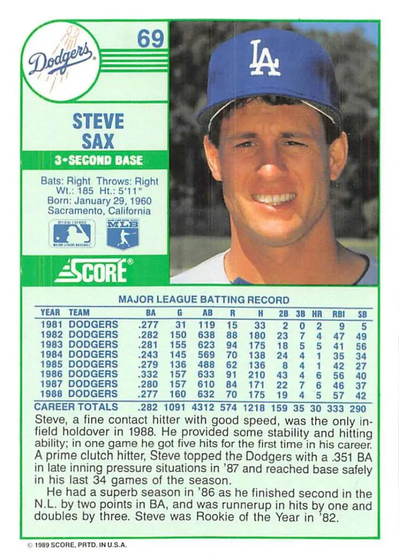 1989 Score #69 Steve Sax NM-MT Los Angeles Dodgers Baseball Card - Baseball Card Single