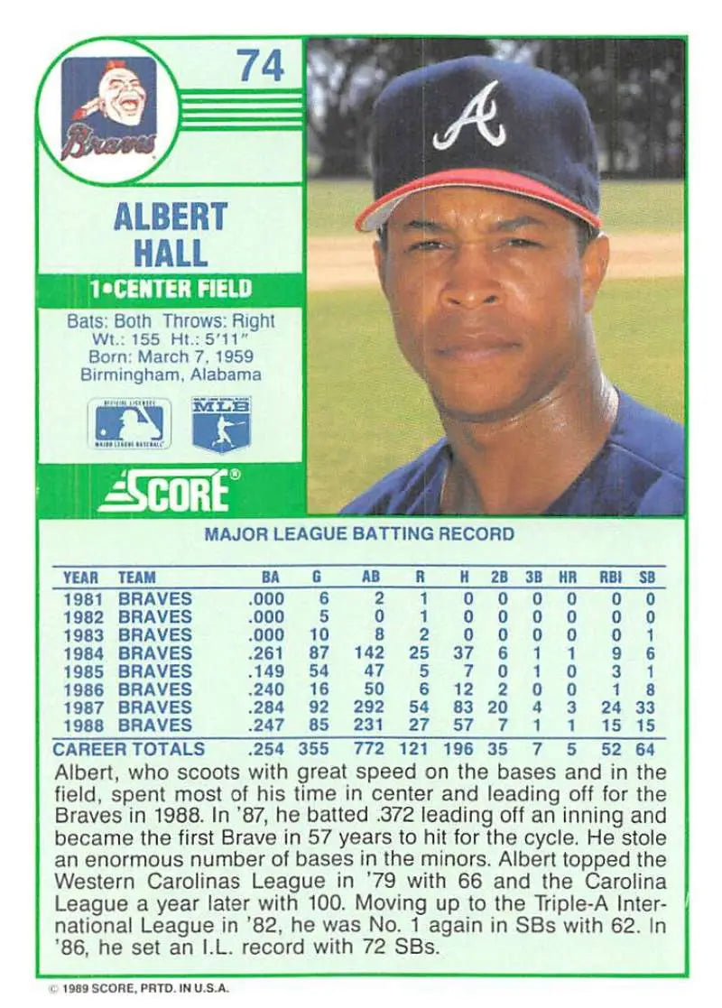 1989 Score #74 Albert Hall NM-MT Atlanta Braves Baseball Card - Baseball Card Single