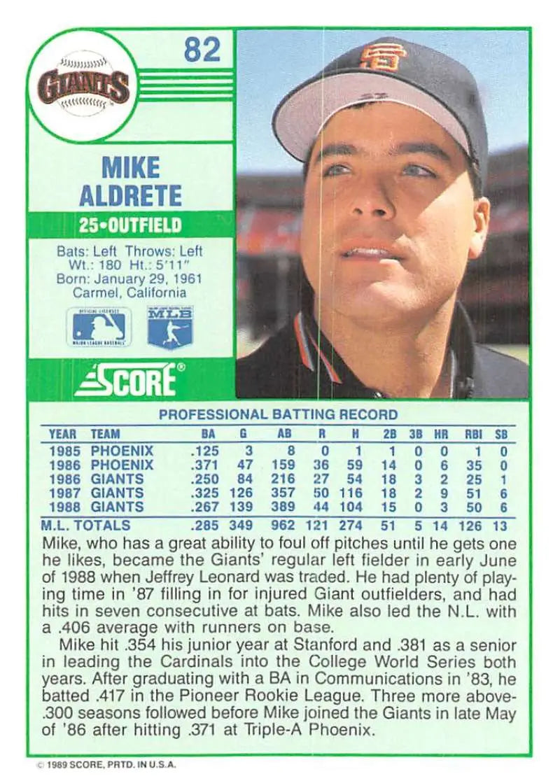 1989 Score #82 Mike Aldrete NM-MT San Francisco Giants Baseball Card - Baseball Card Single