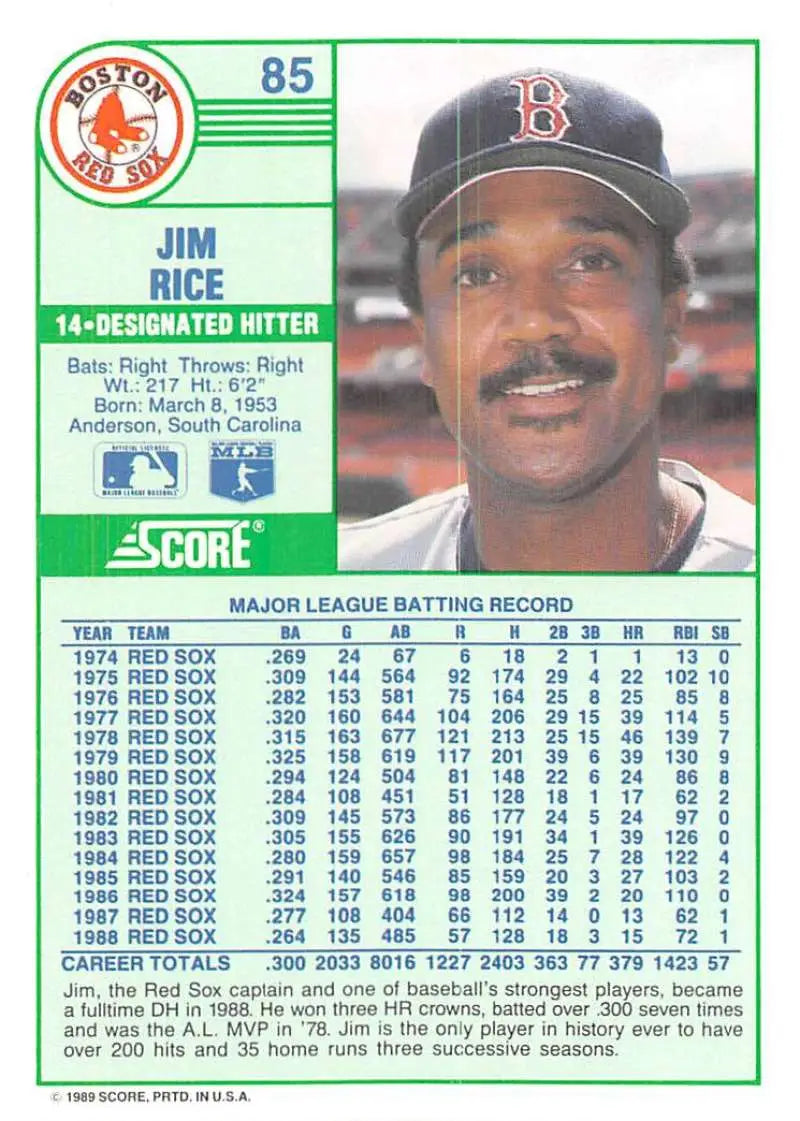 1989 Score #85 Jim Rice NM-MT Boston Red Sox Baseball Card - Baseball Card Single