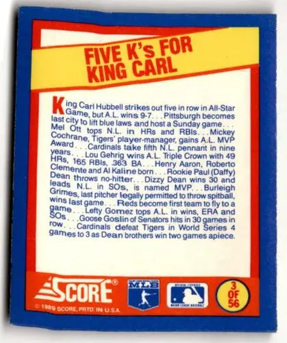 Original gloss of 1989 Score A Year to Remember Magic Motion Carl Hubbell baseball card back