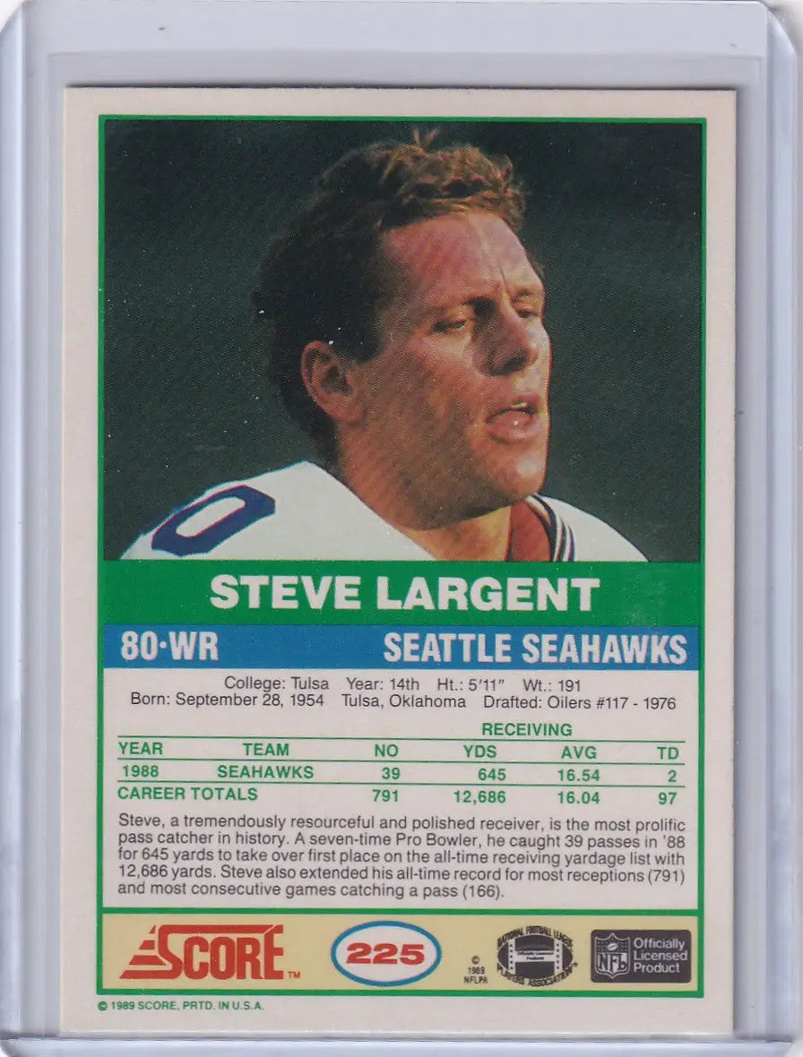 1989 Score Football card featuring Steve Largent of the Seattle Seahawks