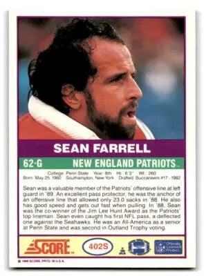 Vintage 1989 Score Supplemental Sean Farrell football trading card featuring New England Patriots
