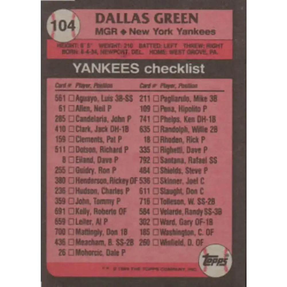 1989 Topps #104 Dallas Green MG NM-MT New York Yankees Baseball Card - Baseball Card Single