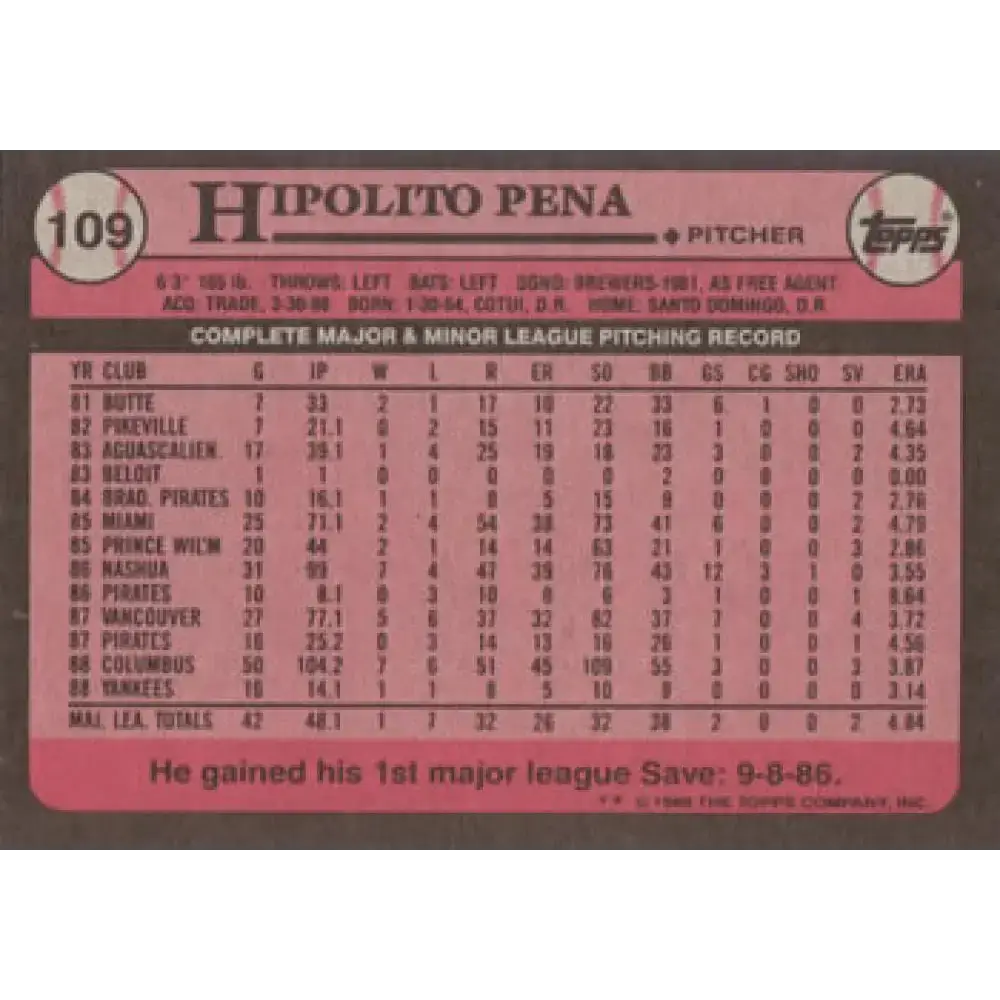 1989 Topps #109 Hipolito Pena NM-MT New York Yankees Baseball Card - Baseball Card Single