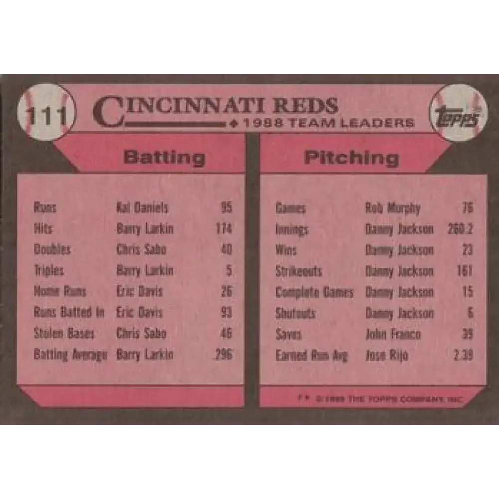 1989 Topps #111 Eric Davis Cincinnati Reds TL NM-MT Cincinnati Reds Baseball Card - Baseball Card Single