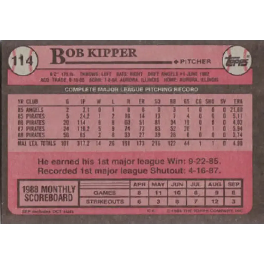 1989 Topps #114 Bob Kipper NM-MT Pittsburgh Pirates Baseball Card - Baseball Card Single