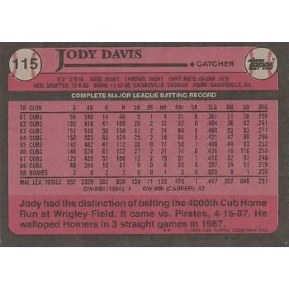 1989 Topps #115 Jody Davis NM-MT Chicago Cubs Baseball Card - Baseball Card Single