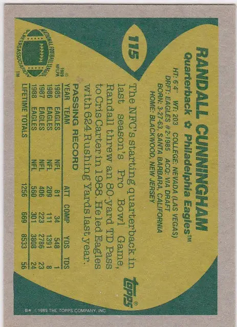 Vintage 1989 Topps #115 Randall Cunningham Philadelphia Eagles trading card with stats