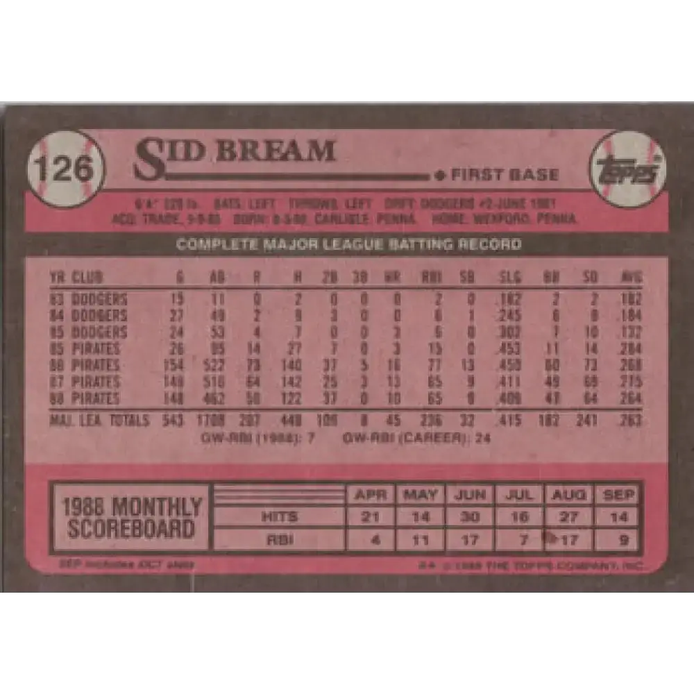 1989 Topps #126 Sid Bream NM-MT Pittsburgh Pirates Baseball Card - Baseball Card Single