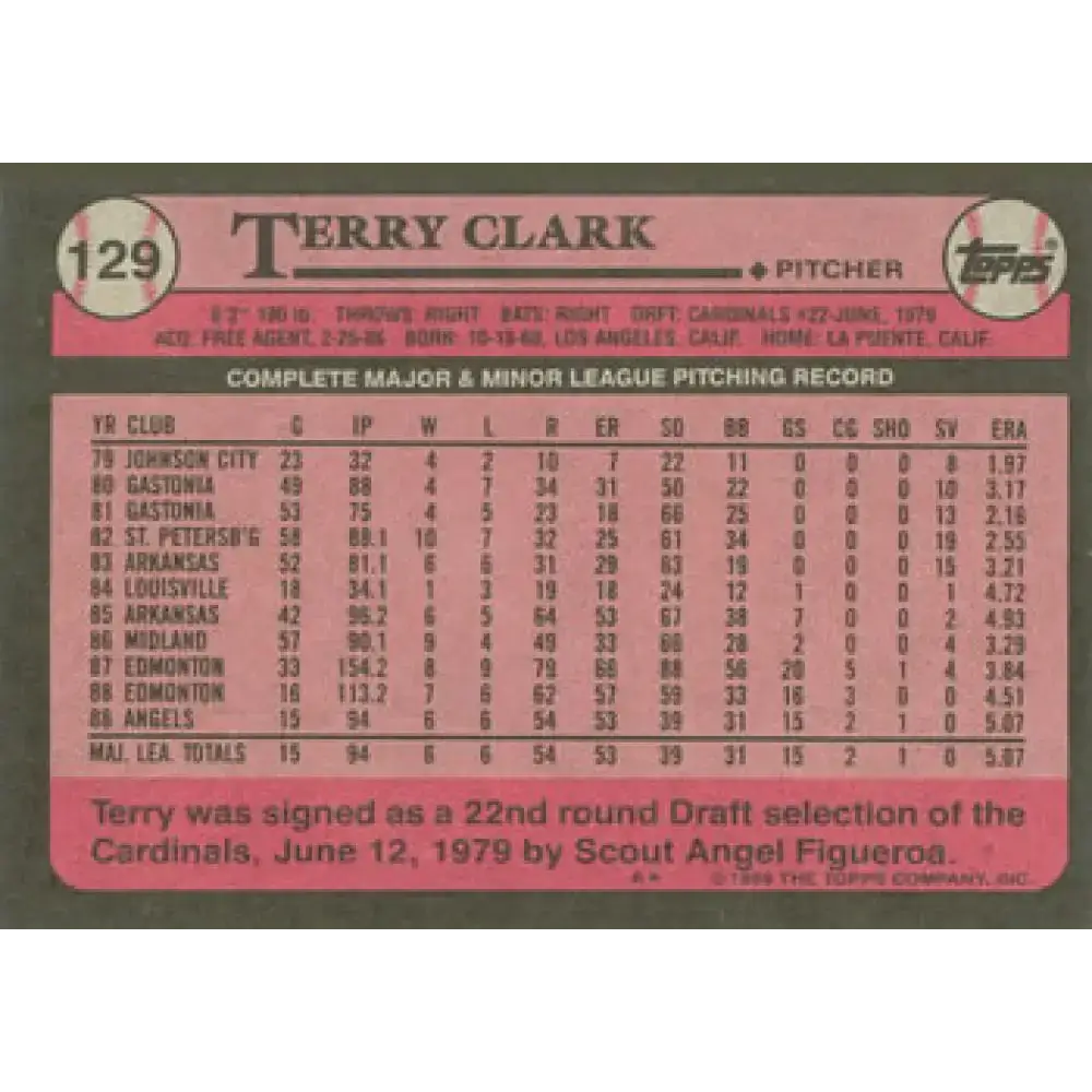 1989 Topps #129 Terry Clark NM-MT RC Rookie California Angels Baseball Card - Baseball Card Single