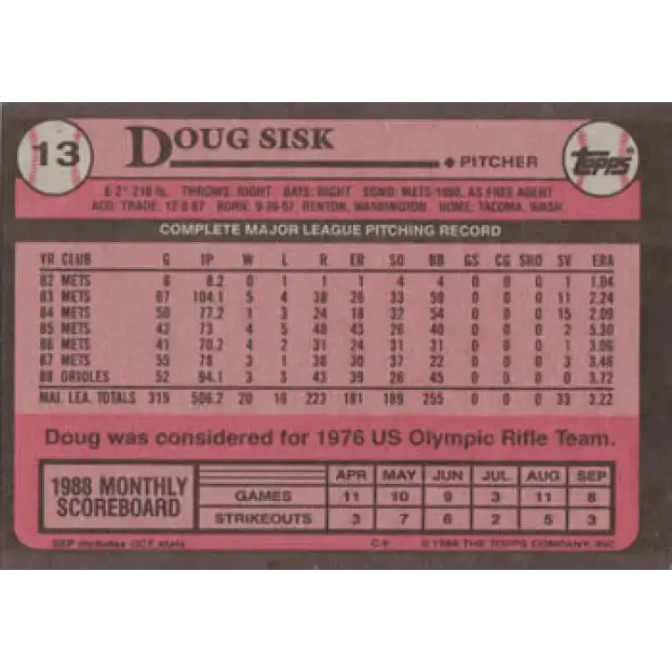 1989 Topps #13 Doug Sisk NM-MT Baltimore Orioles Baseball Card - Baseball Card Single
