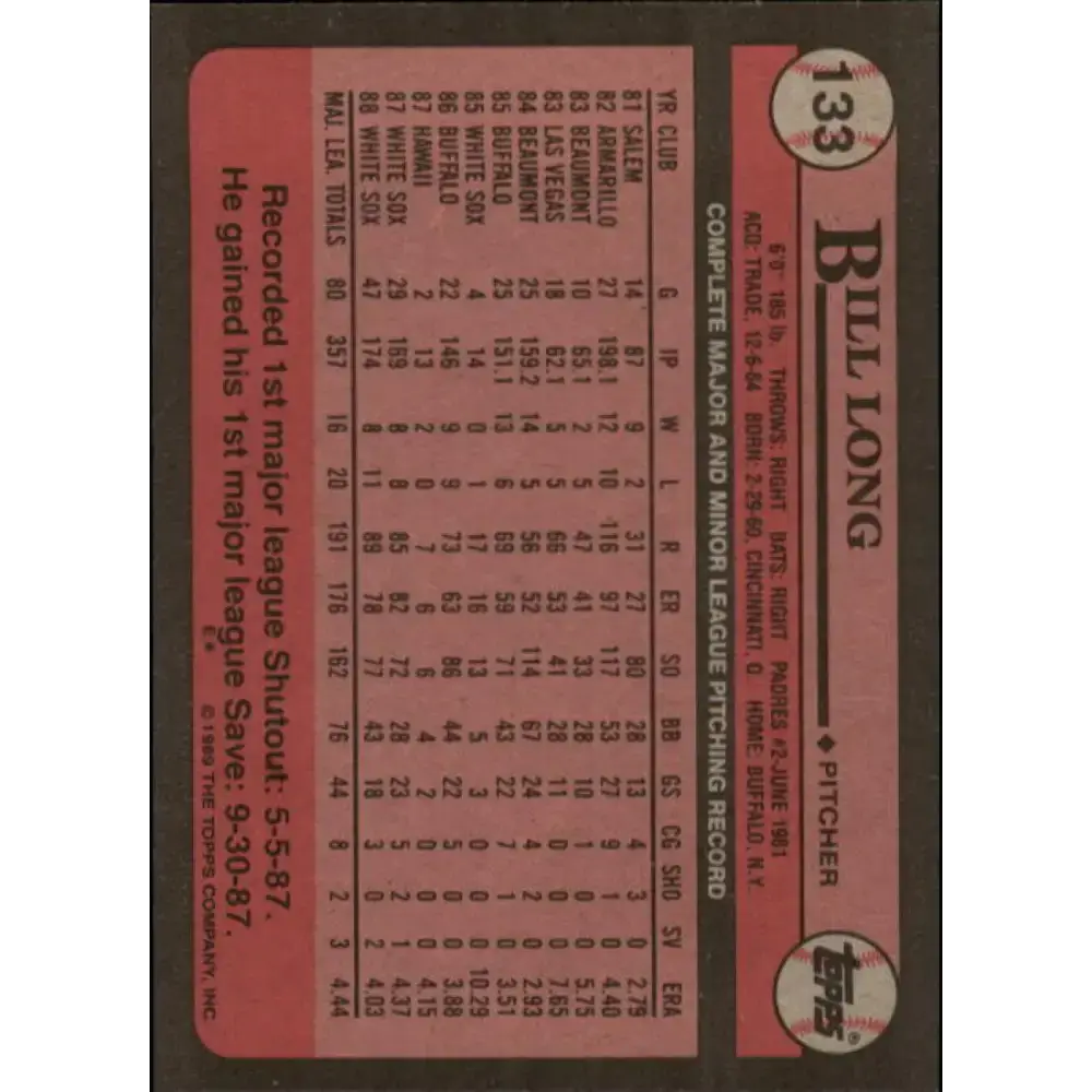 1989 Topps #133 Bill Long NM-MT Chicago White Sox Baseball Card - Baseball Card Single