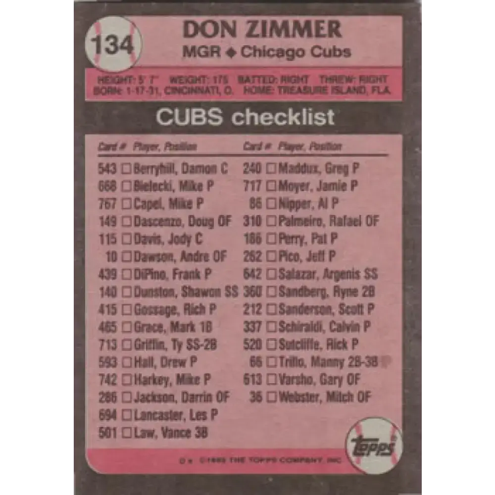 1989 Topps #134 Don Zimmer MG NM-MT Chicago Cubs Baseball Card - Baseball Card Single