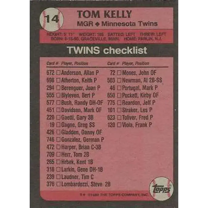 1989 Topps #14 Tom Kelly MG NM-MT Minnesota Twins Baseball Card - Baseball Card Single