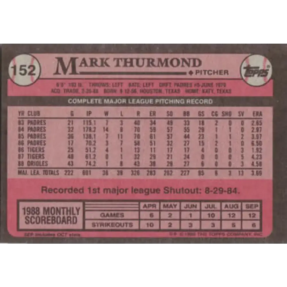 1989 Topps #152 Mark Thurmond NM-MT Baltimore Orioles Baseball Card - Baseball Card Single