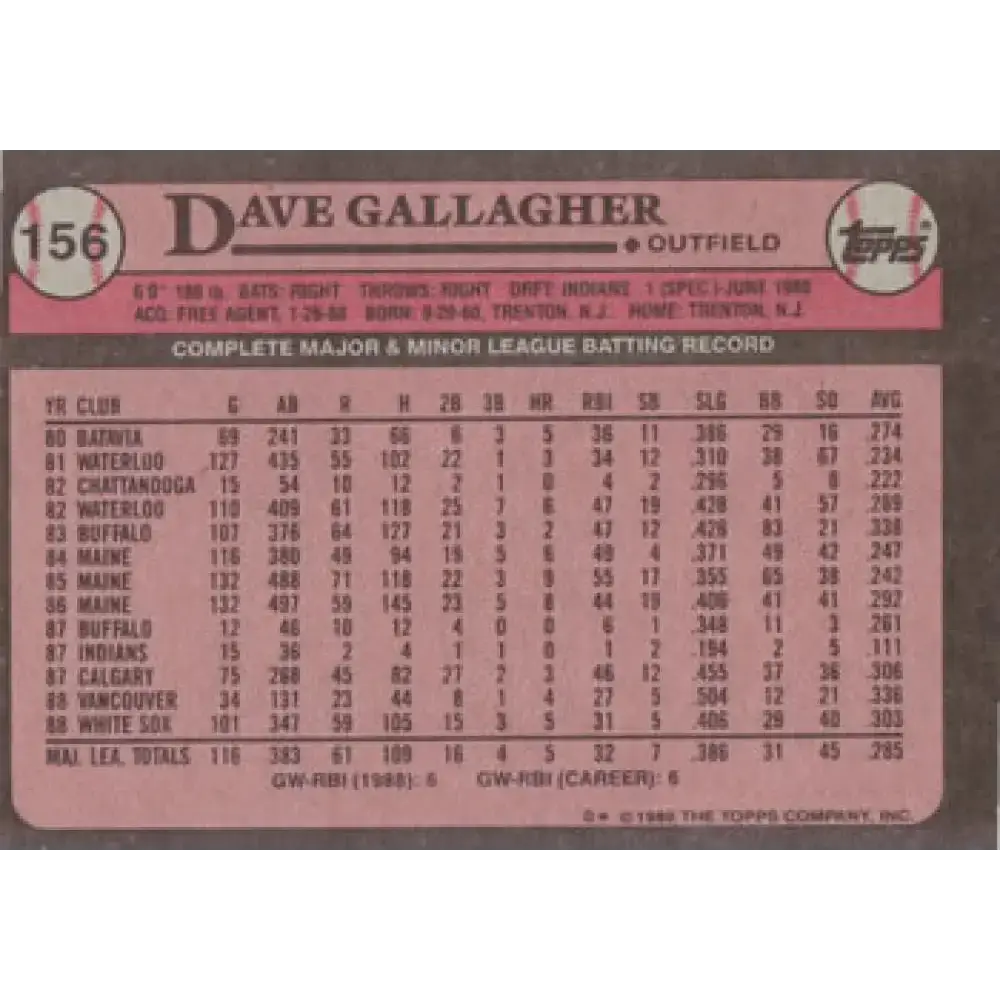 1989 Topps #156 Dave Gallagher NM-MT RC Rookie Chicago White Sox Baseball Card