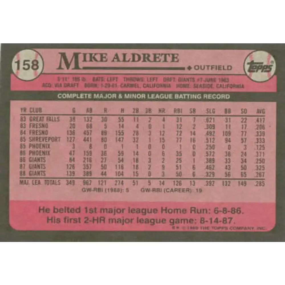 1989 Topps #158 Mike Aldrete NM-MT San Francisco Giants Baseball Card - Baseball Card Single