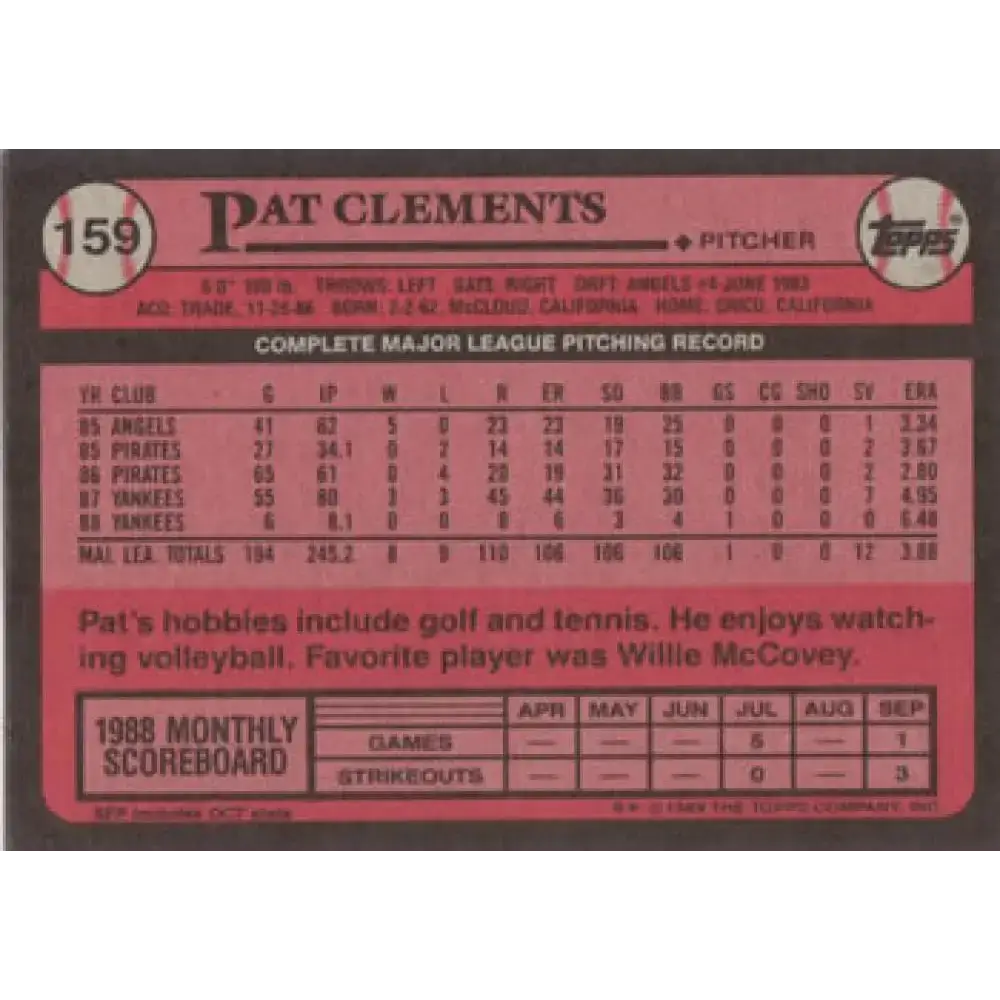 1989 Topps #159 Pat Clements NM-MT New York Yankees Baseball Card - Baseball Card Single