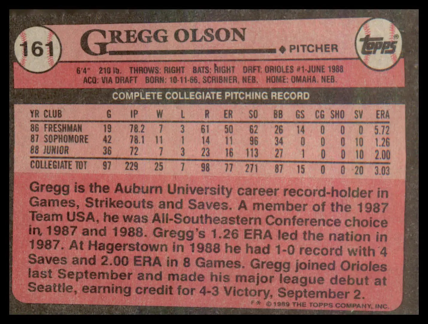 1989 Topps #161 Gregg Olson RC RC - Baseball Card Single
