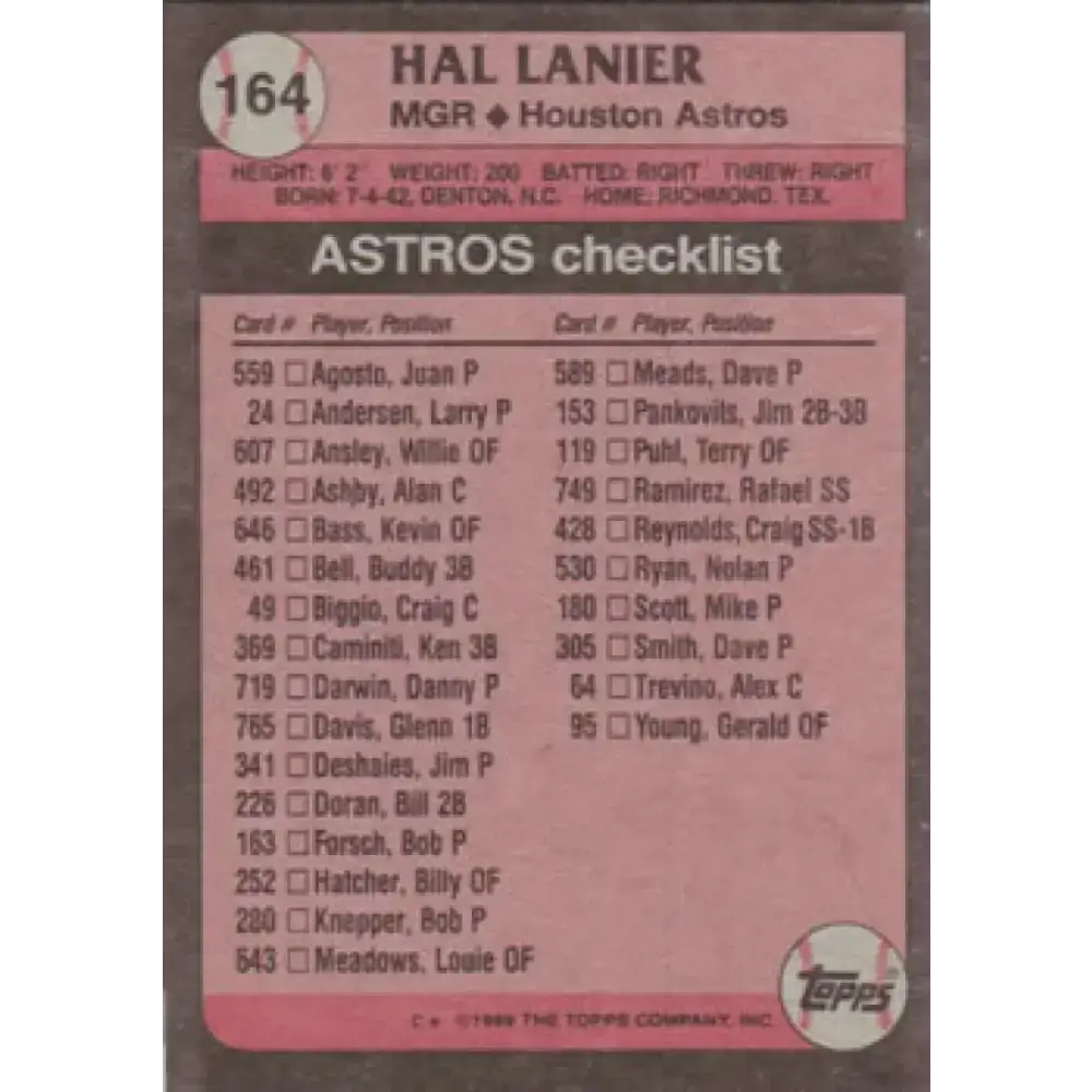 1989 Topps #164 Hal Lanier MG NM-MT Houston Astros Baseball Card - Baseball Card Single