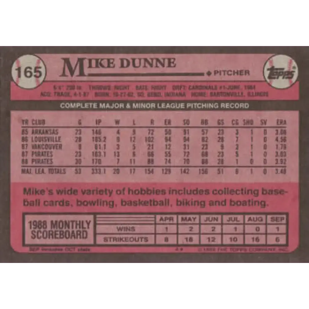 1989 Topps #165 Mike Dunne UER NM-MT Pittsburgh Pirates Baseball Card - Baseball Card Single